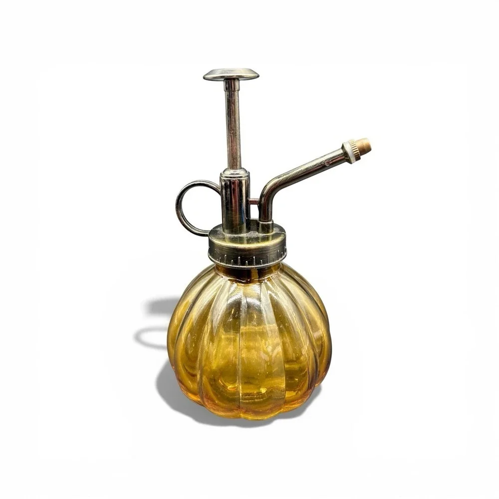 Amber Glass Pump Sprayer Atomizer Bottle Metal Top Vintage